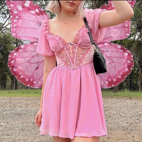 FOR LOVE LEMONS Pink Fan Floral Puff Sleeve Dress